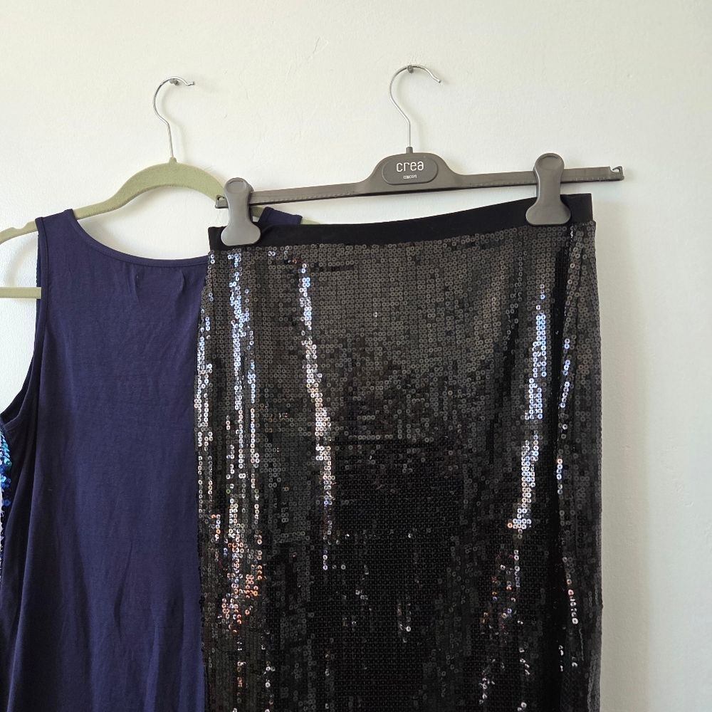 Sequin Set Skirt Camisole Party Flashy Fun Outfit Blue Black Cocktail Medium - Picture 10 of 10